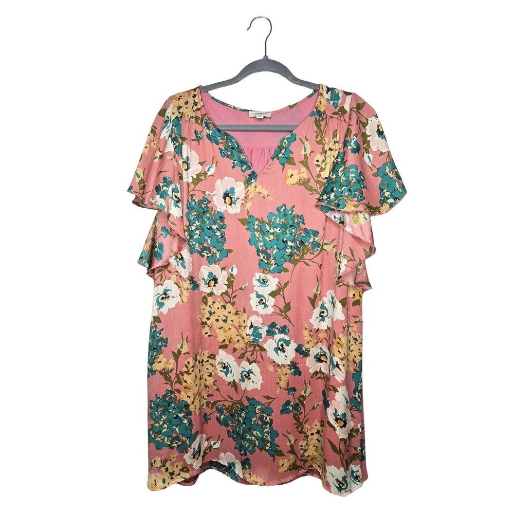 Umgee Floral‎ Mini Dress Medium Pink Boho Tiered Flutter Sleeve Cottagecore